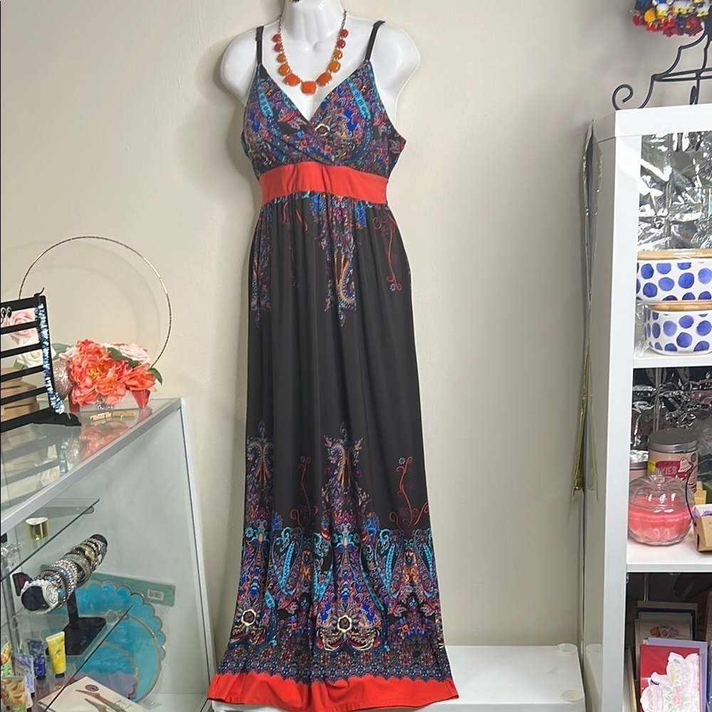 Elegant Brown and Red Paisley Maxi Dress